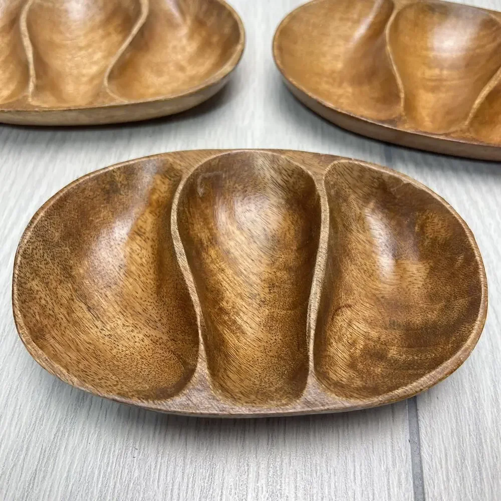 3 Section Dish Monkey Pod Wood Vintage‎ Retro - Set of 3